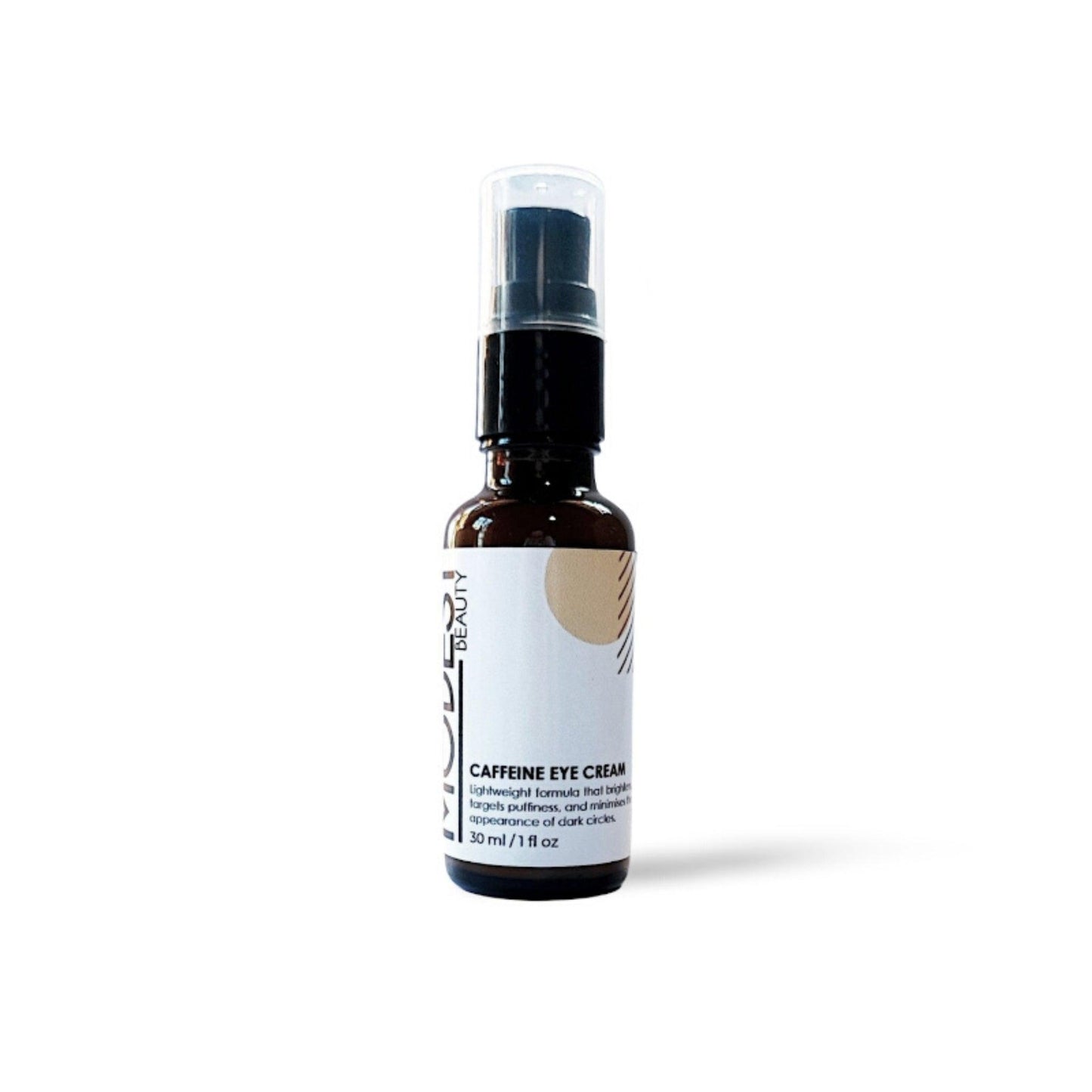 A small brown bottle with a black pump dispenser and a white label. The label reads "Caffeine Eye Cream" by Modest Beauty, highlighting its benefits for reducing dark circles and puffiness around the eyes. The bottle holds 30 ml (1 fl oz) of product.