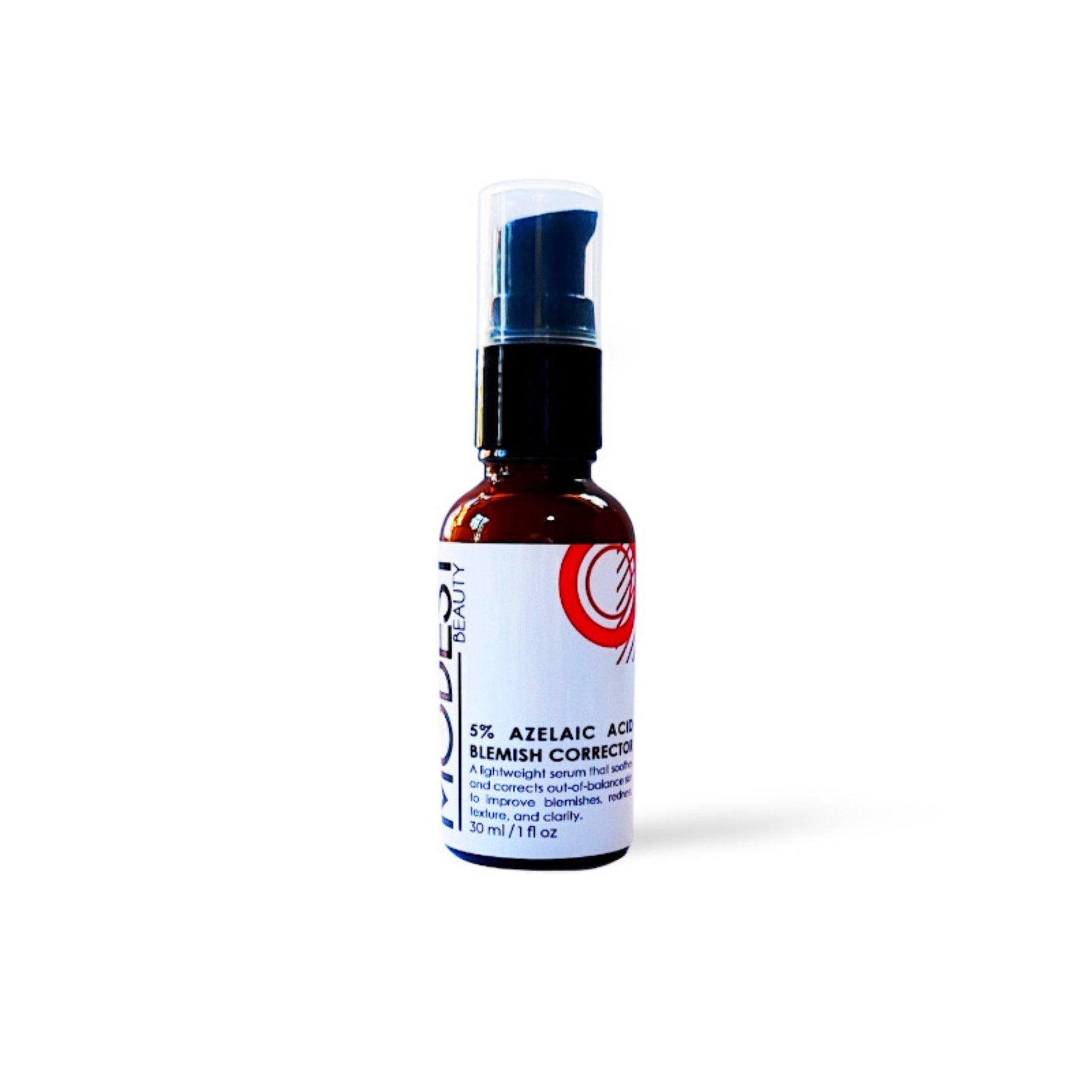 A small amber bottle with a black pump dispenser and white label, containing 5% Azelaic Acid Blemish Corrector by Modest Beauty, a lightweight serum designed for brightening. The label includes red and black text alongside a logo. Placed against a white background, the container holds 1 fl oz (30 ml) of product.