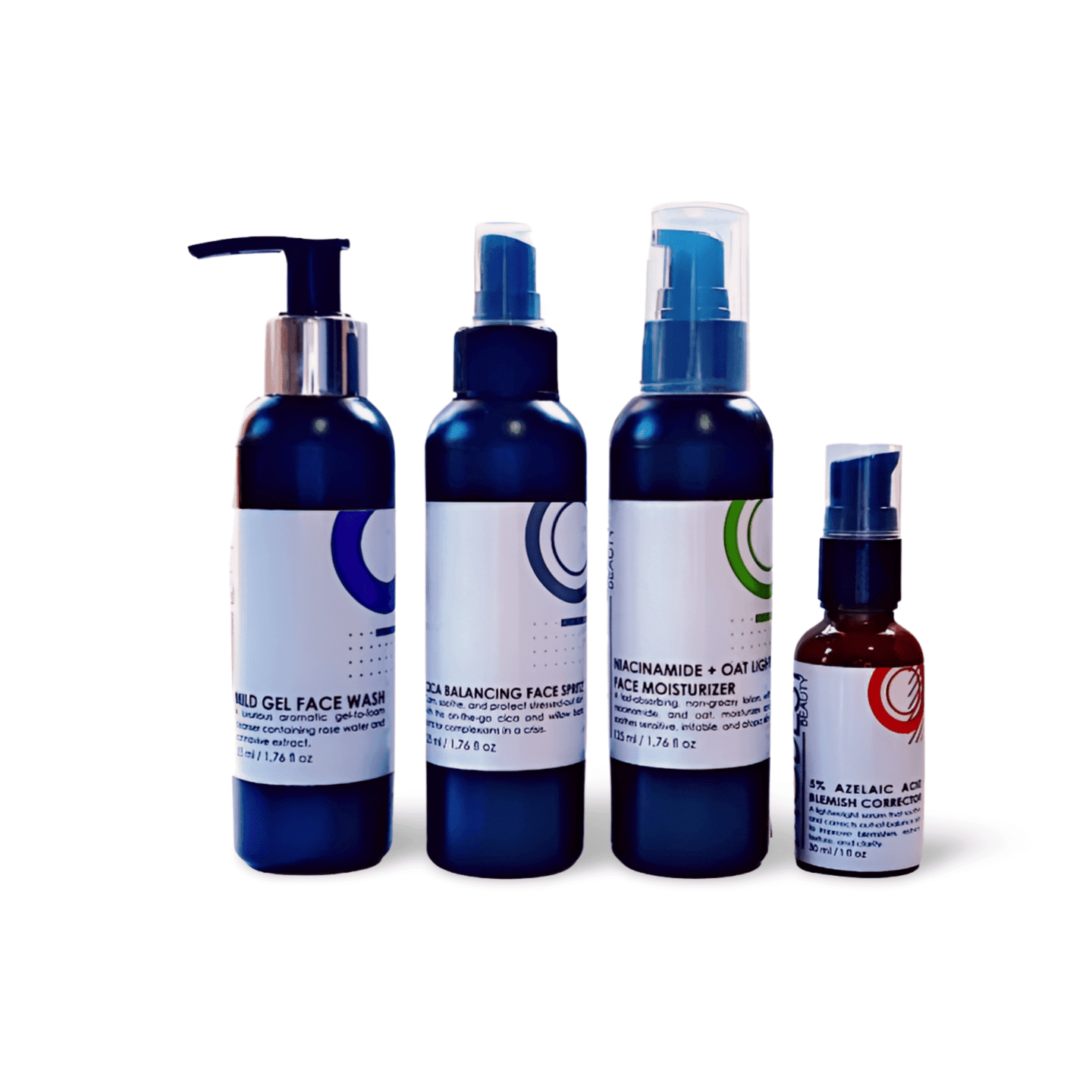 A lineup of four vegan-friendly skincare product bottles with labels, featuring a mild gel face wash, a balancing face spray, a niacinamide and oat light face moisturizer, and an azelaic acid blemish corrector. Each bottle has a different type of dispenser, making the Blemish Modest Skincare Kit by Modest Beauty the perfect modest skincare kit for blemish-prone skin.