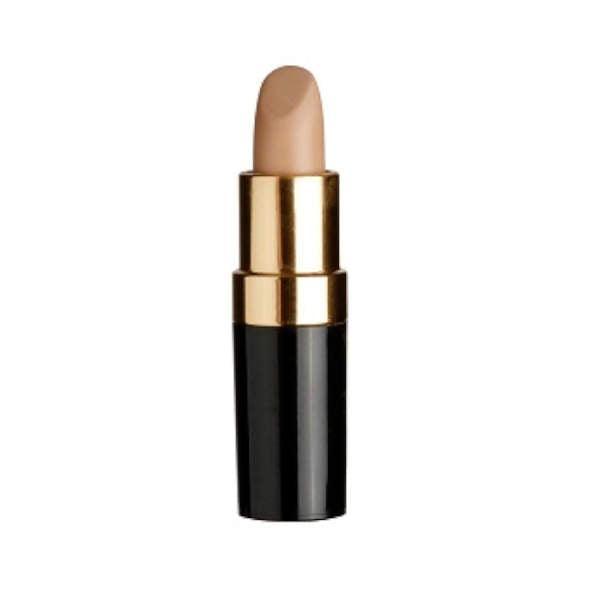 A beige Concealer Stick in a sleek black tube with a gold band around the middle, with the cap removed, showing the tip of the Concealer Stick ready for use, isolated on a white background. Infused with natural ingredients and UV protection for added care by Inthusiasm.