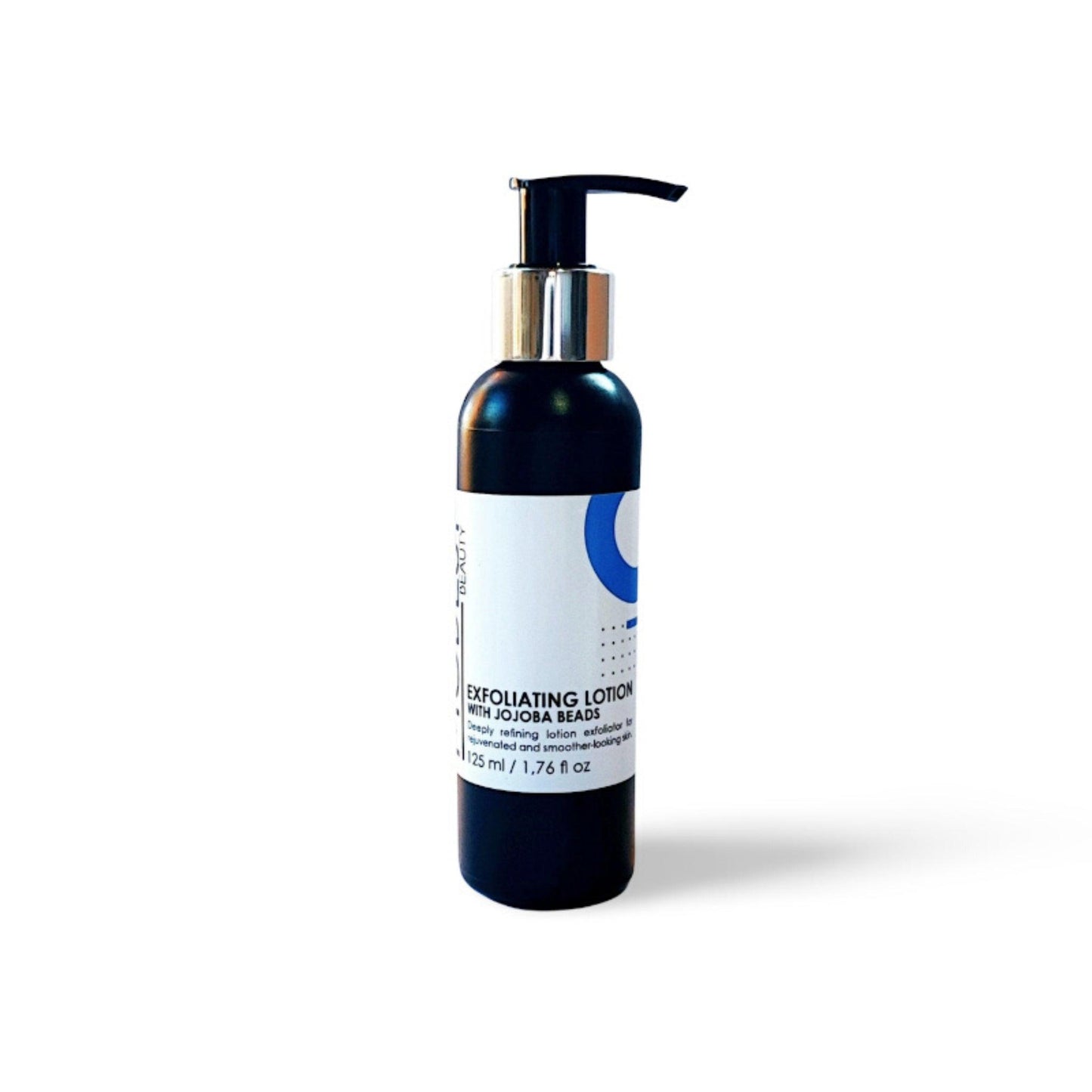 A sleek black bottle of Modest Beauty Exfoliating Lotion with Jojoba Beads with a pump dispenser, labeled "Exfoliating Lotion with Jojoba Beads" on a white background. The bottle also mentions "125 ml / 1.7 fl. oz." and features a blue and white label design.