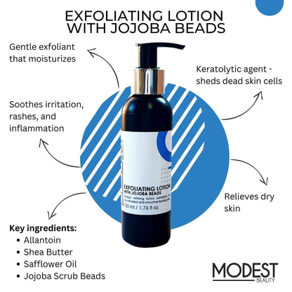A product image of "Exfoliating Lotion with Jojoba Beads" by Modest Beauty. The bottle, featuring a pump dispenser, highlights benefits: gentle exfoliation, moisturizes, relieves dry skin, and soothes irritation. Key ingredients include allantoin, shea butter, safflower oil, and jojoba scrub beads.