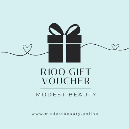 A minimalistic Gift Voucher design on a light blue background. It features a black gift box with a ribbon, flanked by two hearts on either side, connected by a line. The text reads "R100 Skincare Gift Voucher, Modest Beauty" with a website link: www.modestbeauty.online.